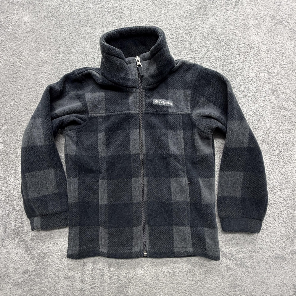 Columbia Jacket Youth XS Gray Plaid Fleece Full Zip Collared Pockets Logo